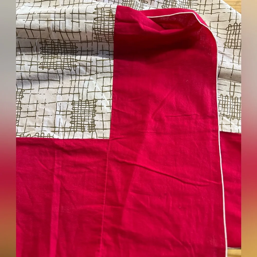 Vintage Tablecloth red 9” edge with cream & soft faded metallic insert